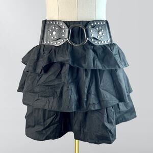 Valia Y2K Layered Ruffled Faux Belted Black Mini Skirt